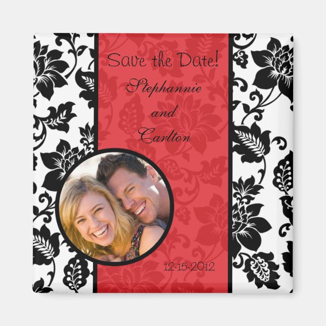 Black/Red Floral Damask Announcement Magnet (Front)
