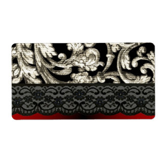 Black & red floral damask pattern label