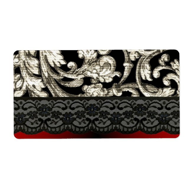 Black & red floral damask pattern label (Front)