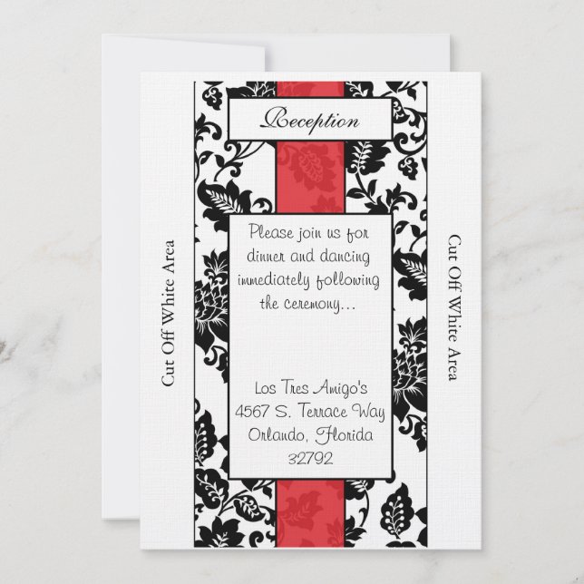 Black/Red Floral Damask Wedding Reception Card (Front)