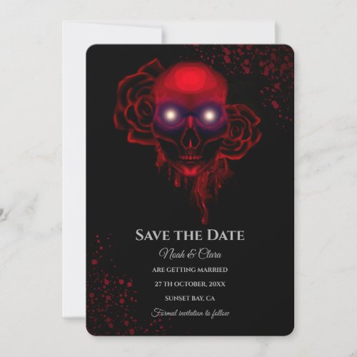 Black red floral dark moody gothic skull halloween save the date