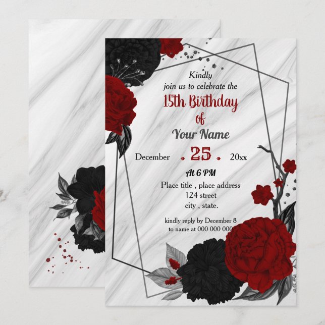 Black & red floral geometric birthday party invitation (Front/Back)