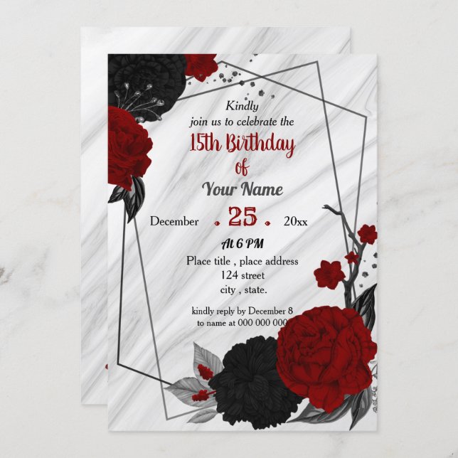 Black & red floral geometric birthday party invitation (Front/Back)