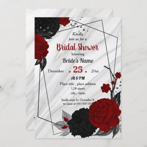 Black  red floral geometric bridal shower invitation