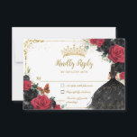 Black Red Floral Gold Princess Gown Quinceañera RSVP Card<br><div class="desc">Personalize this pretty floral Quinceañera / Sweet 16 birthday RSVP card easily and quickly. Simply click the Edit Using Design Tools button to further edit the text, change font styles and font colors. Featuring a girl dressed in a glittery black dress, pretty black and red roses flowers and a gold...</div>