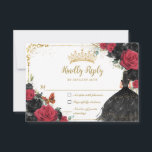 Black Red Floral Gold Princess Gown Quinceañera RSVP Card<br><div class="desc">Personalize this pretty floral Quinceañera / Sweet 16 birthday RSVP card easily and quickly. Simply click the Edit Using Design Tools button to further edit the text, change font styles and font colors. Featuring a girl dressed in a glittery black dress, pretty black and red roses flowers and a gold...</div>