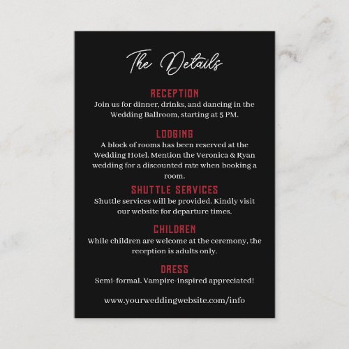Black Red Floral Goth Wedding Details Enclosure Card