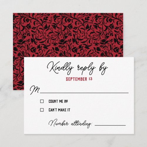 Black Red Floral Goth Wedding RSVP Card