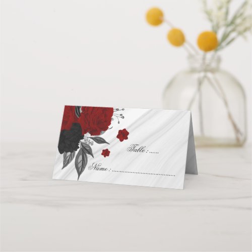 black  red floral marble  place card