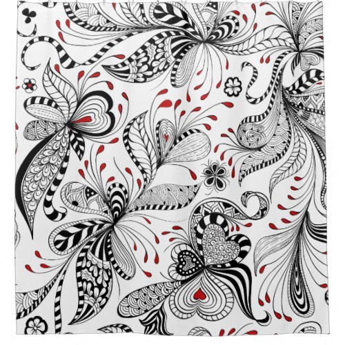 Black  red Floral Pattern Shower Curtain