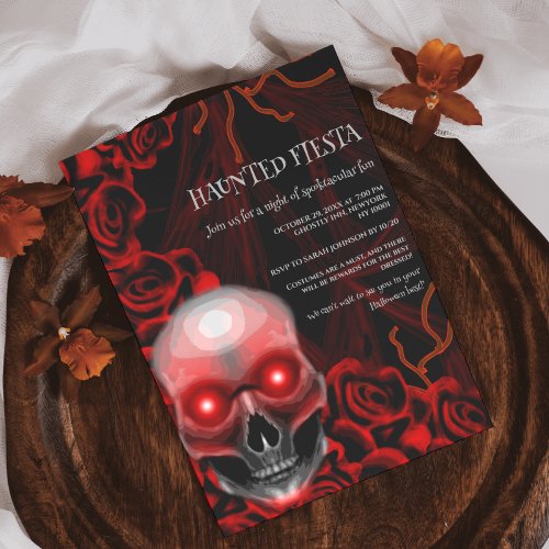 Black red floral skull dark moody gothic halloween invitation