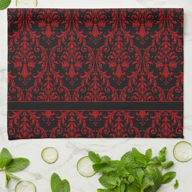 Black & Red Floral Swirls Damask 3 Monogram Kitchen Towel (Folded)