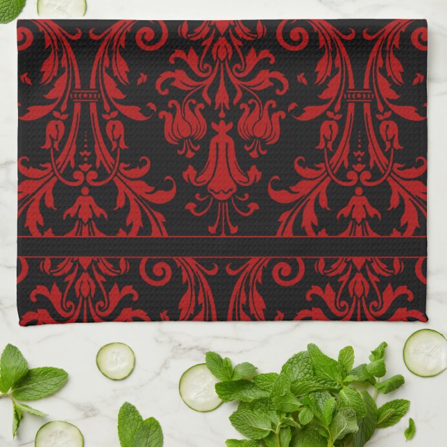 Black & Red Floral Swirls Damask 4 Monogram Kitchen Towel (Folded)