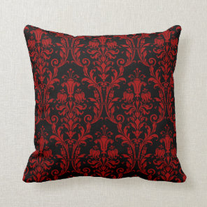 Black & Red Floral Swirls Damask Throw Pillow
