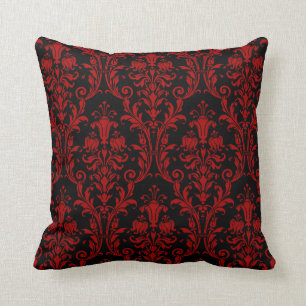 Black & Red Floral Swirls Damask Throw Pillow