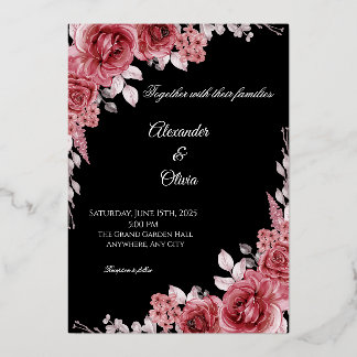 Black & Red Floral Wedding Invitation | Elegant Ro Foil Invitation