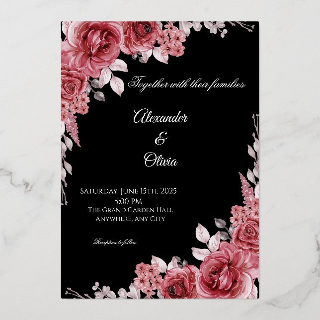 Black & Red Floral Wedding Invitation | Elegant Ro Foil Invitation (Front)