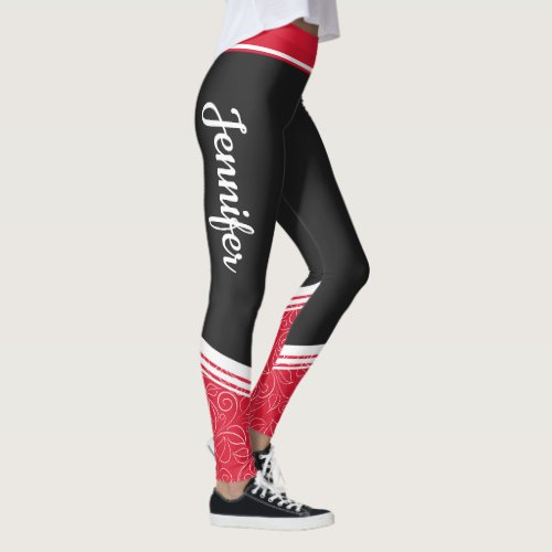 black  red floral white stripes and name modern leggings