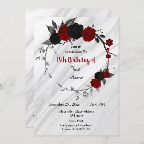 Black  red floral wreath birthday party invitation