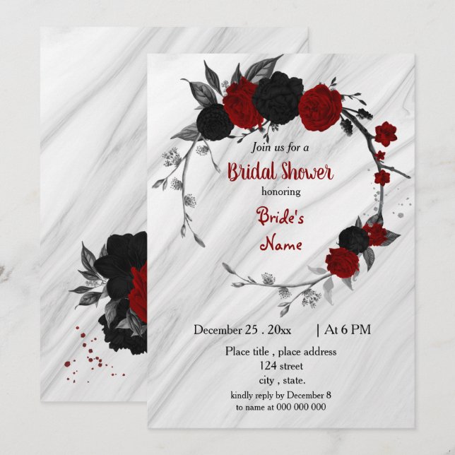 Black & red floral wreath bridal shower invitation (Front/Back)