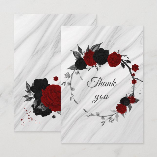 black & red flowers botanical marble thank you card (Front/Back)