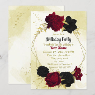 black red flowers gold leaves birthday invitation