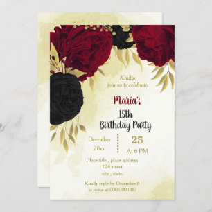 black red flowers gold leaves birthday invitation