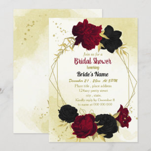 black red flowers gold leaves bridal shower invitation