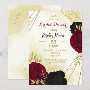 black red flowers gold leaves bridal shower invitation