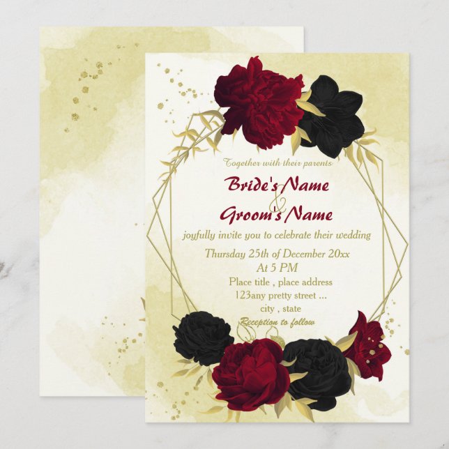 black red flowers gold leaves geometric wedding invitation (Front/Back)