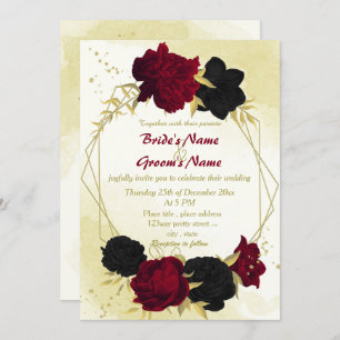 black red flowers gold leaves geometric wedding invitation