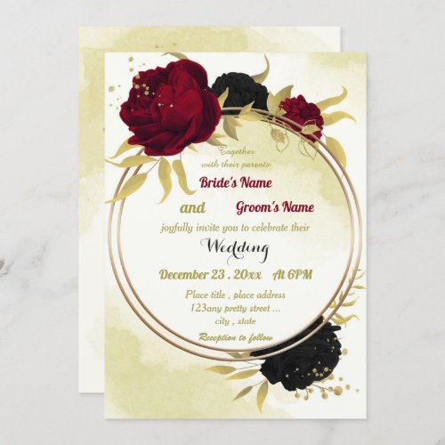 black red flowers gold leaves geometric wedding invitation