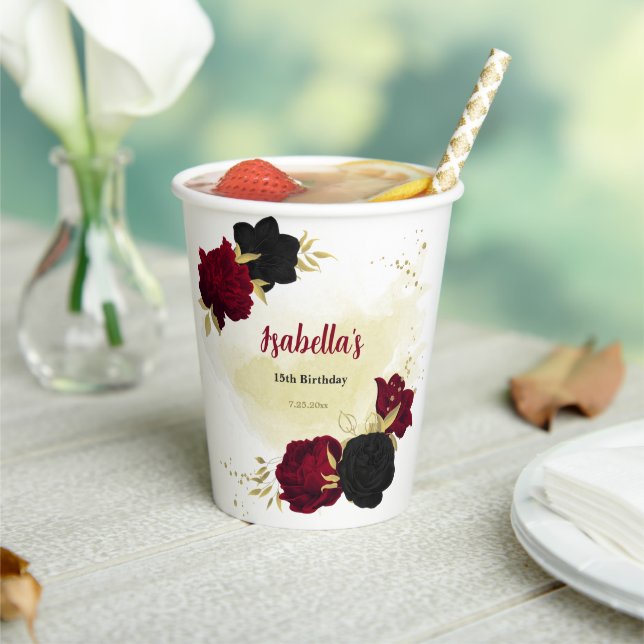 black red flowers gold leaves  paper cups (Insitu)