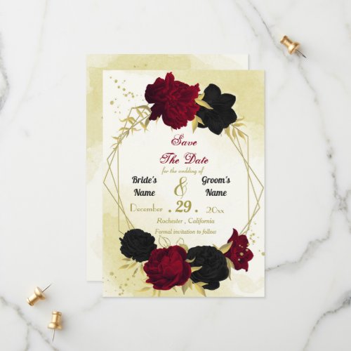 black red flowers gold leaves save the date