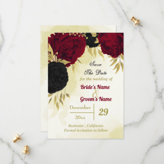 black red flowers gold leaves save the date