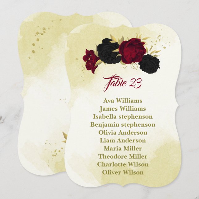 black red flowers gold leaves seating chart card (Front/Back)