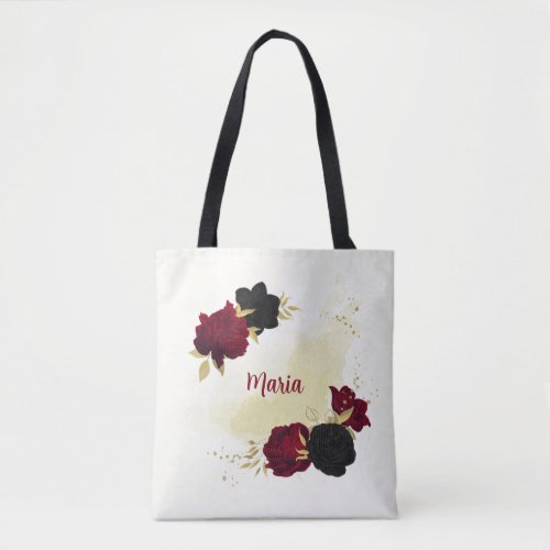 black red flowers gold leaves tote bag