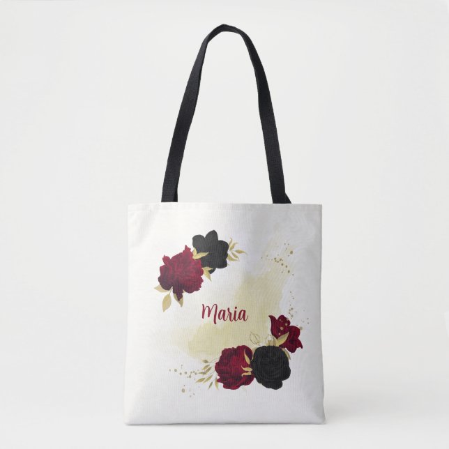 black red flowers gold leaves tote bag (Front)