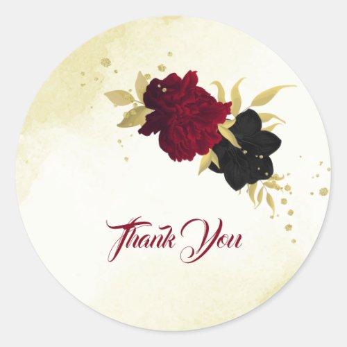 black red flowers gold leaves wedding classic round sticker