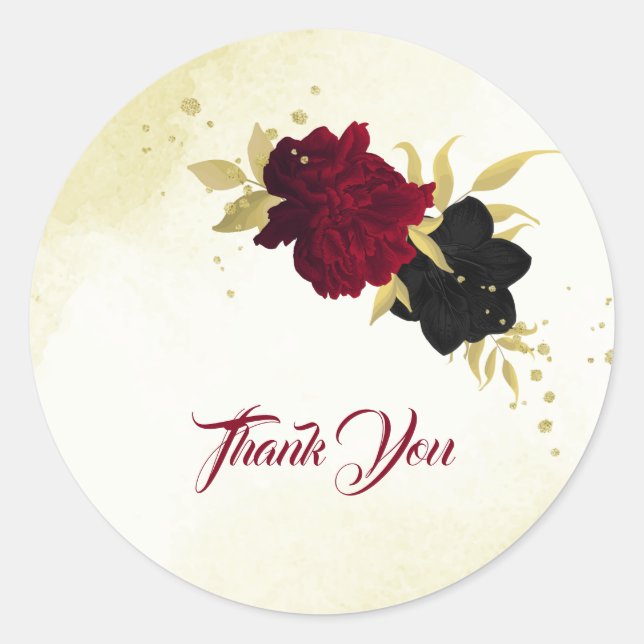 black red flowers gold leaves wedding classic round sticker (Front)