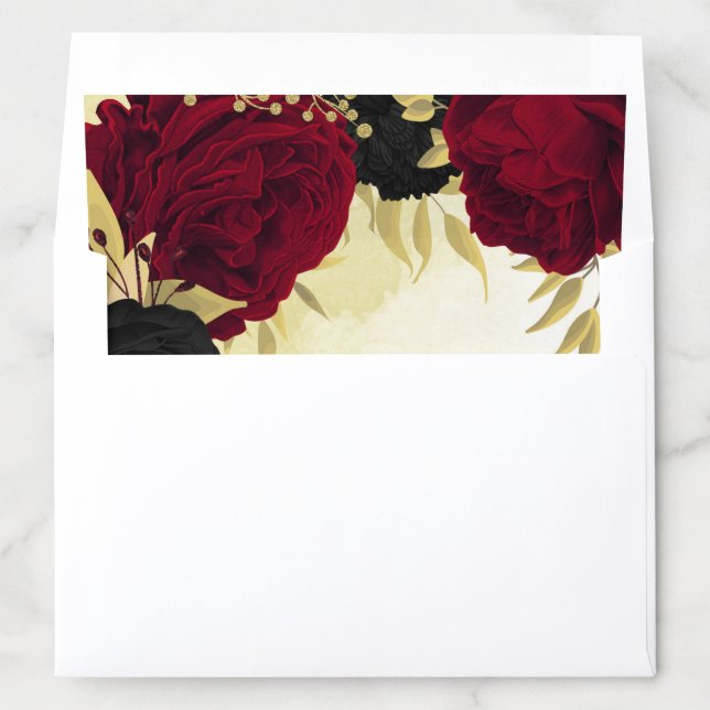 black red flowers gold leaves wedding envelope liner (In Envelope)
