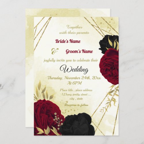 black red flowers gold leaves wedding invitation