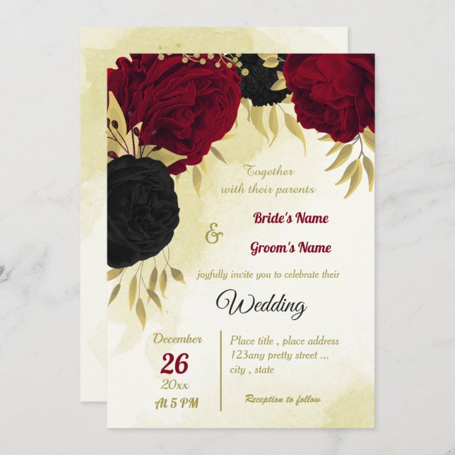 black red flowers gold leaves wedding invitation (Front/Back)