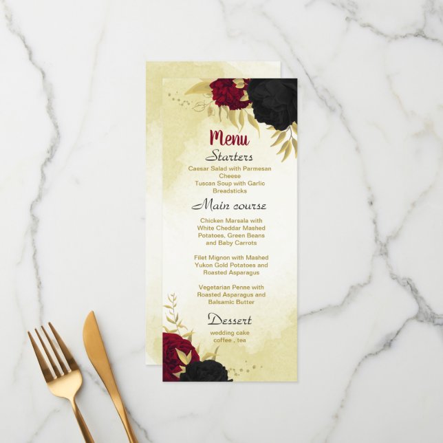 black red flowers gold leaves wedding menu (Front/Back In Situ)
