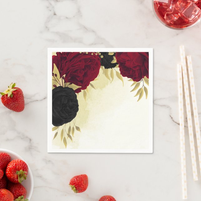 black red flowers gold leaves wedding napkins (Insitu)