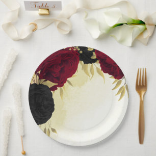 black red flowers gold leaves wedding paper plates
