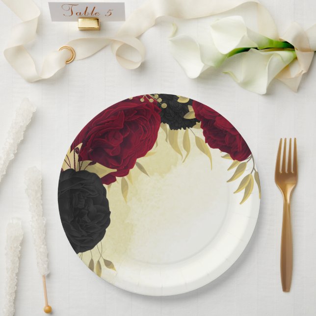 black red flowers gold leaves wedding paper plates (Wedding)
