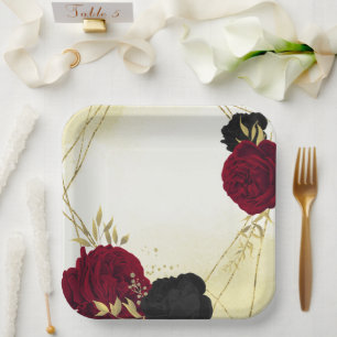 black red flowers gold leaves wedding paper plates