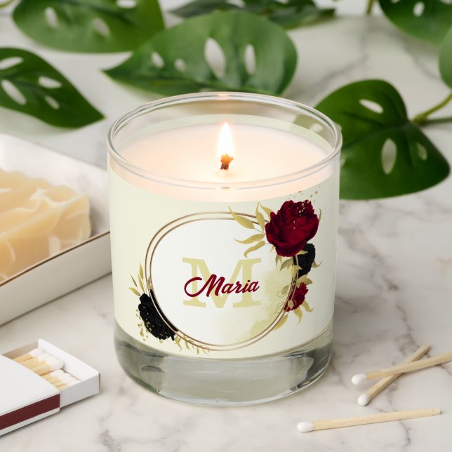 black red flowers gold leaves wedding scented candle (Lit)