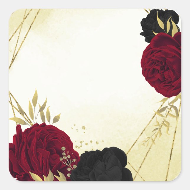black red flowers gold leaves wedding square sticker (Front)